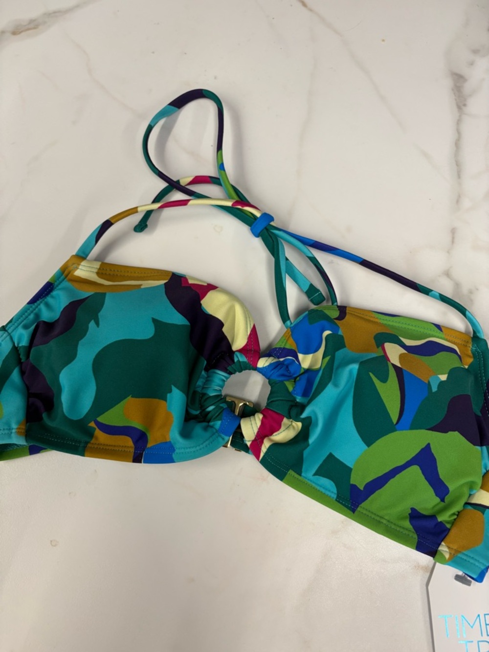 Time and Tru Green and Teal Halter Ring Bikini Top